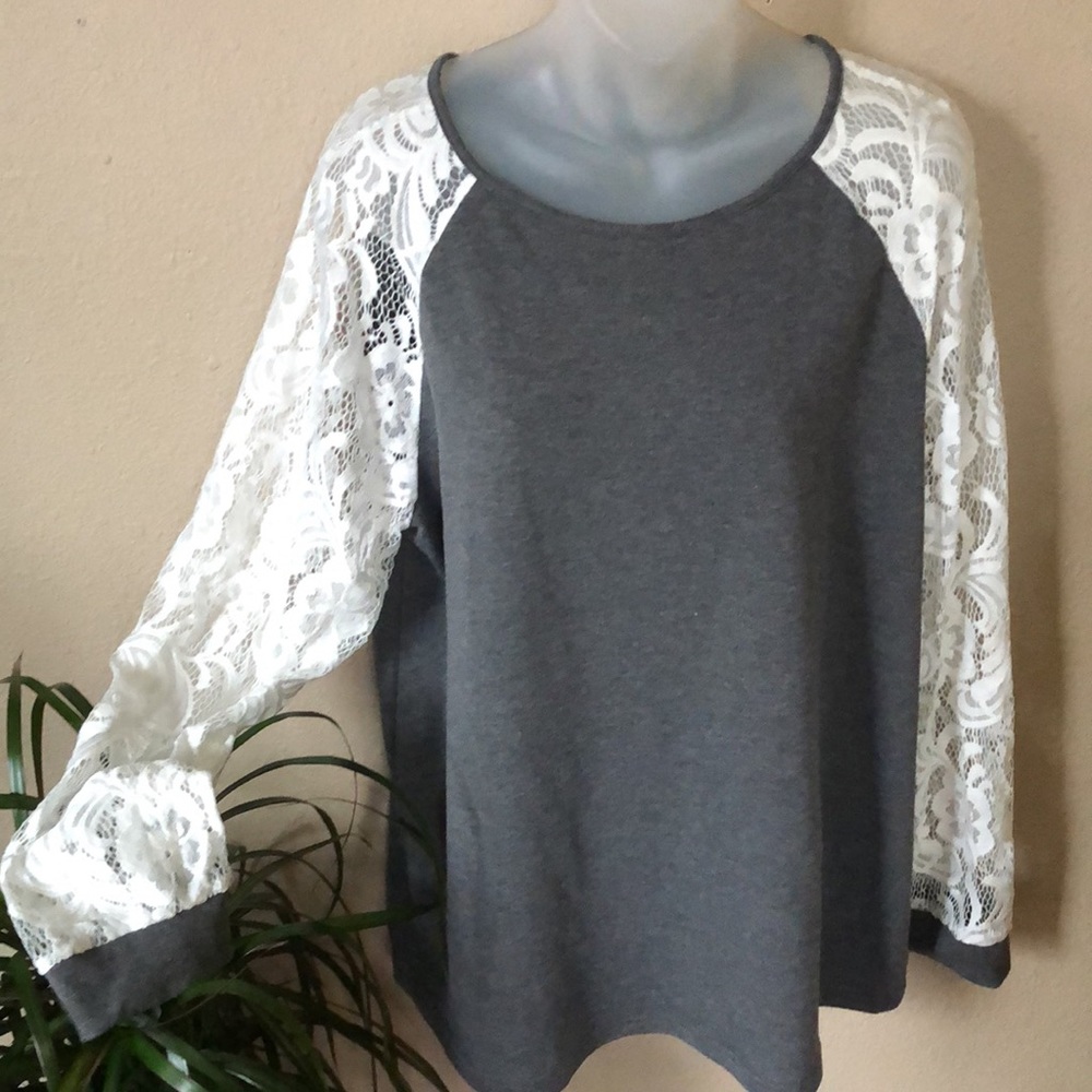 XL grey shirt with lace open weave long sleeves Camisa  casual but sexy